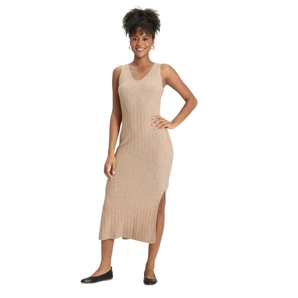 Universal Thread Women's Tan Ribbed Knit V Neck Maxi Tank Sweater Dress Size XXL
